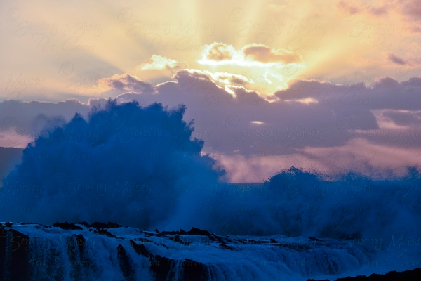 Blue Wave Splash with Orange Sunset, Ocean Photography, Printing and Size Options Available